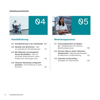 Dritte Seite des Inhaltsverzeichnises vom Handbuch. Kapitel 04 Sensibilisierung, Kapitel 05 Bewerbungsprozess