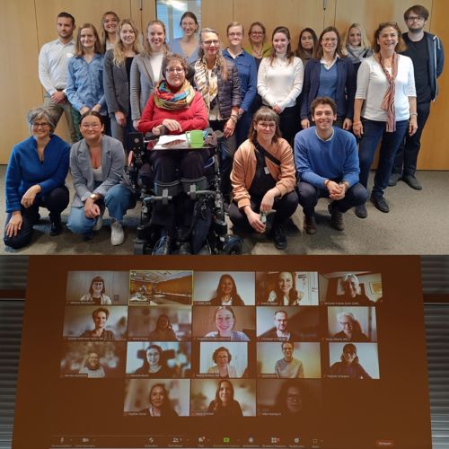 Oben ist ein Gruppenfoto von 20 hauptsächlich Frauen mit und ohne Behinderung in den Räumlichkeiten der Aktion Mensch, unten ist ein Foto der Leinwand, auf der man alle sehen kann, die über Zoom teilgenommen haben; es sind 17 Kacheln.