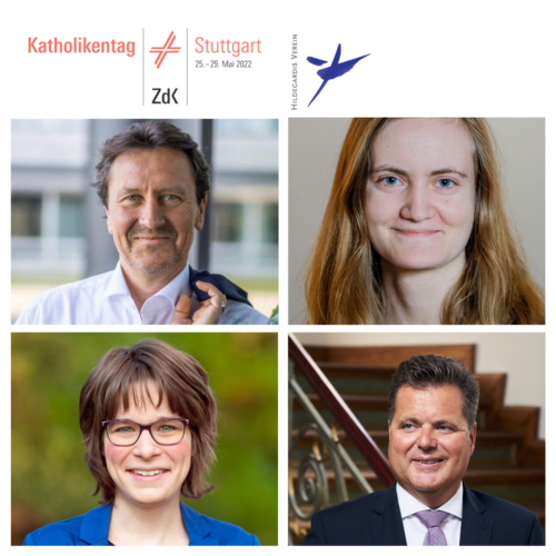 Portraitfotos von den vier Leuten vom Podium. Oben links befinden sich die beiden Logos vom Katholiken Tag und vom Hildegardis Verein.
