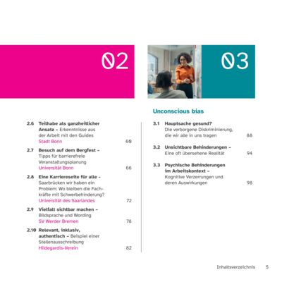 Zweite Seite des Inhaltsverzeichnises vom Handbuch. Kapitel 02 Praxisbeispiele, Kapitel 03 Unconscious bias