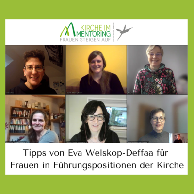 Screenshot eines Zoom-Meetings von 7 Frauen. Darunter steht: Tipps von Eva Welskop-Deffaa für Frauen in Führungspositionen der Kirche