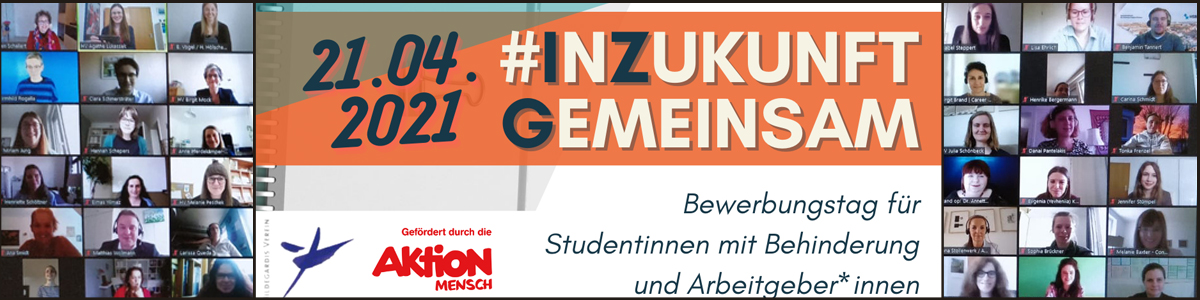 Zoom-Kacheln der Teilnehmenden umranden das Plakat #InZukunftGemeinsam 21.04.2021