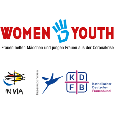 Logo Women4Youth - Frauen helfen Mädchen und jungen Frauen aus der Coronakrise. Darunter sind die Logos der durchführenden Organisationen In Via, Hildegardis-Verein und KDFB.