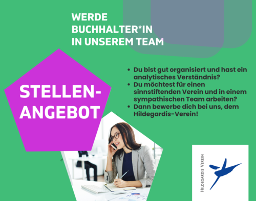 Auf der Grafik steht Stellenangebot: Werde Buchhalter*in in unserem Team. Du bist gut organisiert & hast ein analytisches Verständnis? Du möchtest für einen sinnstiftenden Verein im symphatischen Team arbeiten? Dann bewerbe dich bei uns.